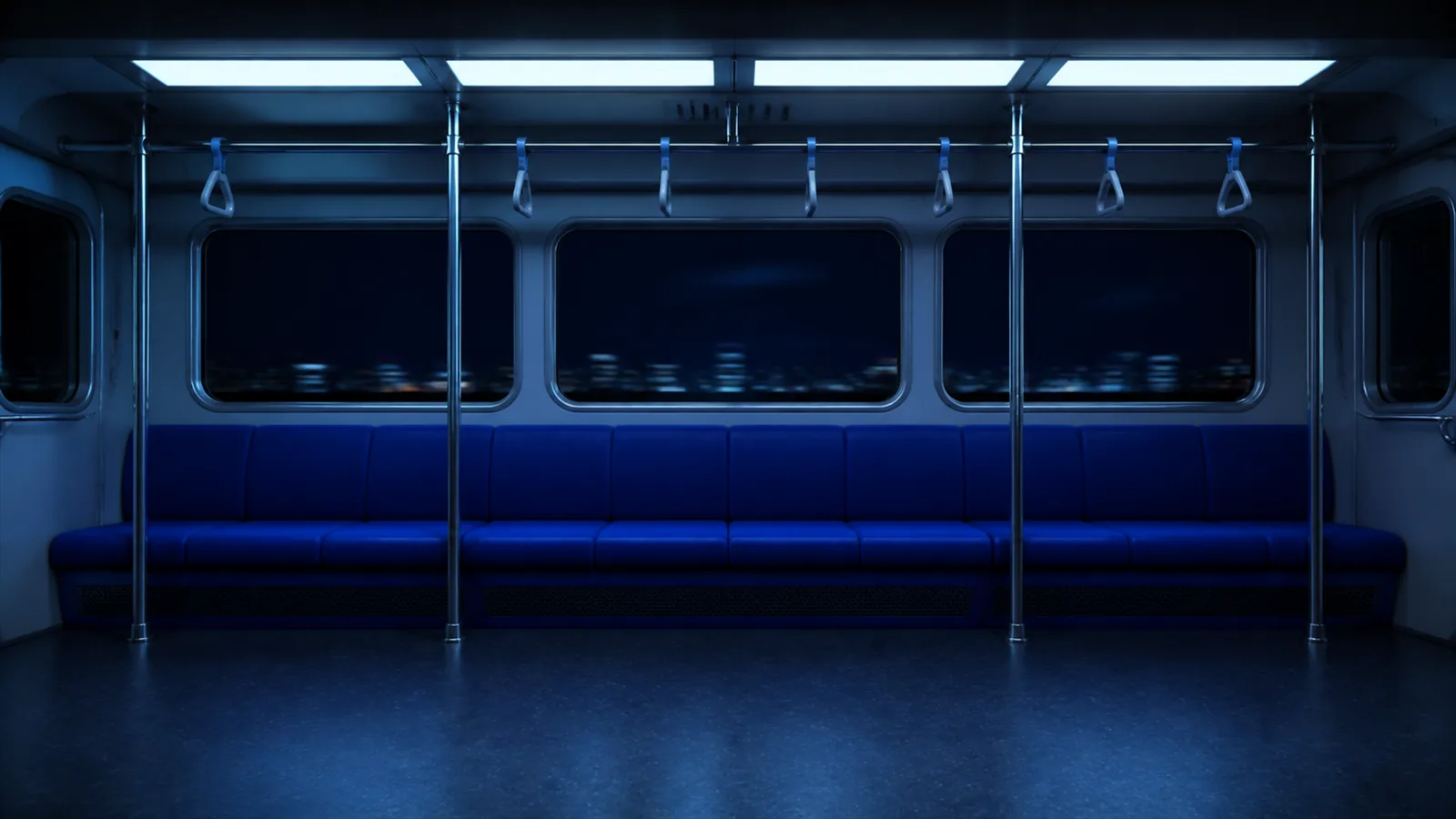 Empty night train carriage seen from the opposite seat