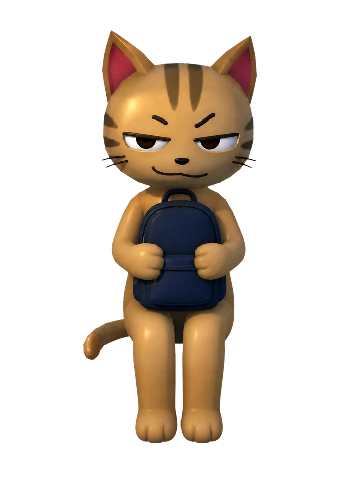 Suspicious tabby cat holding his backpack