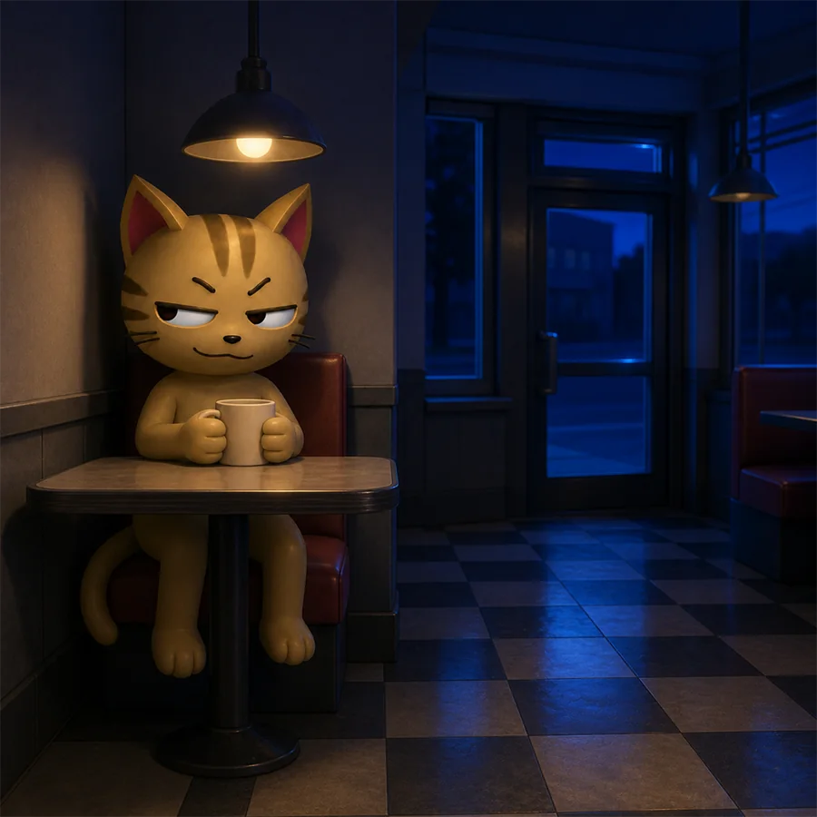 The cat in the corner seat of a night diner